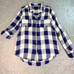 Tinsel Women's Blue White Buffalo Plaid Button Up Shirt Tunic Size S 100%Viscose